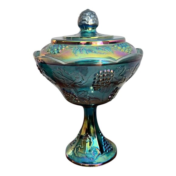 Vtg Indiana Glass Blue Iridescent Carnival Glass Pedestal Compote Candy Dish - Picture 2 of 11